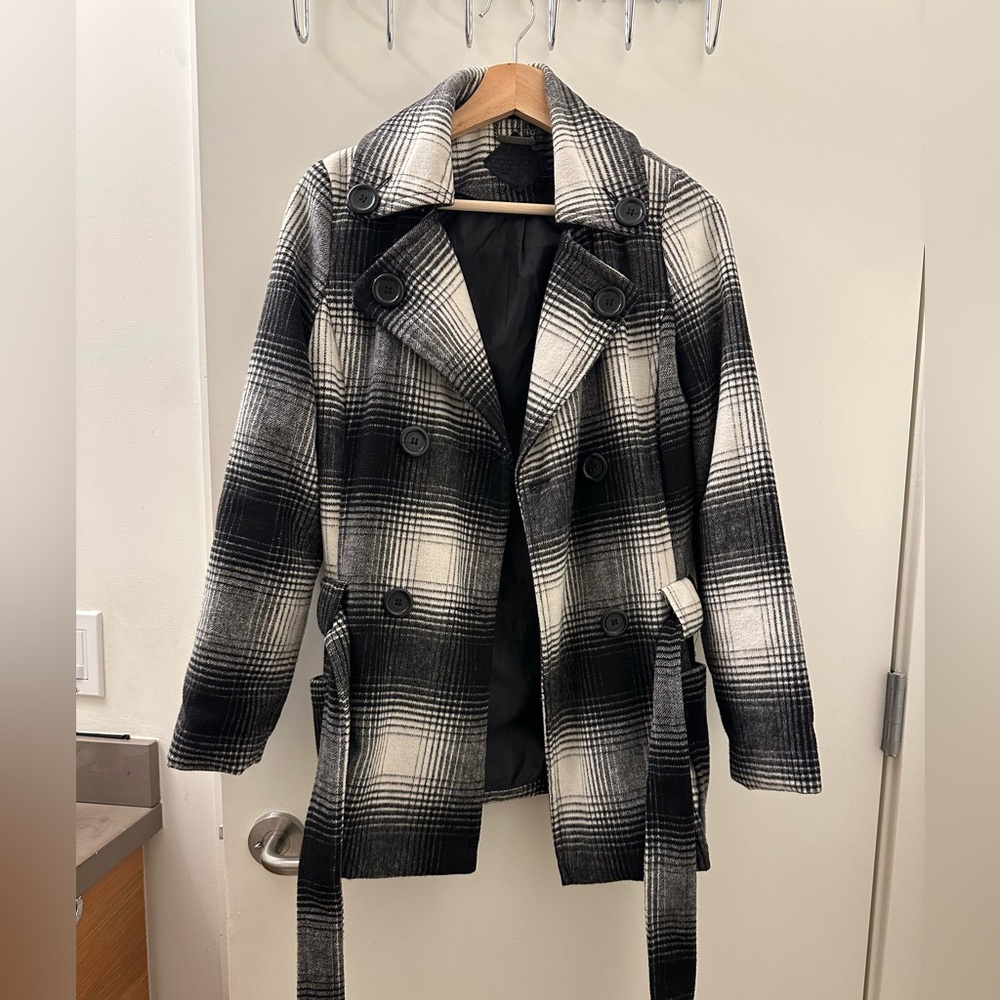 Jou Jou Black and White Belted Double Breasted Coat